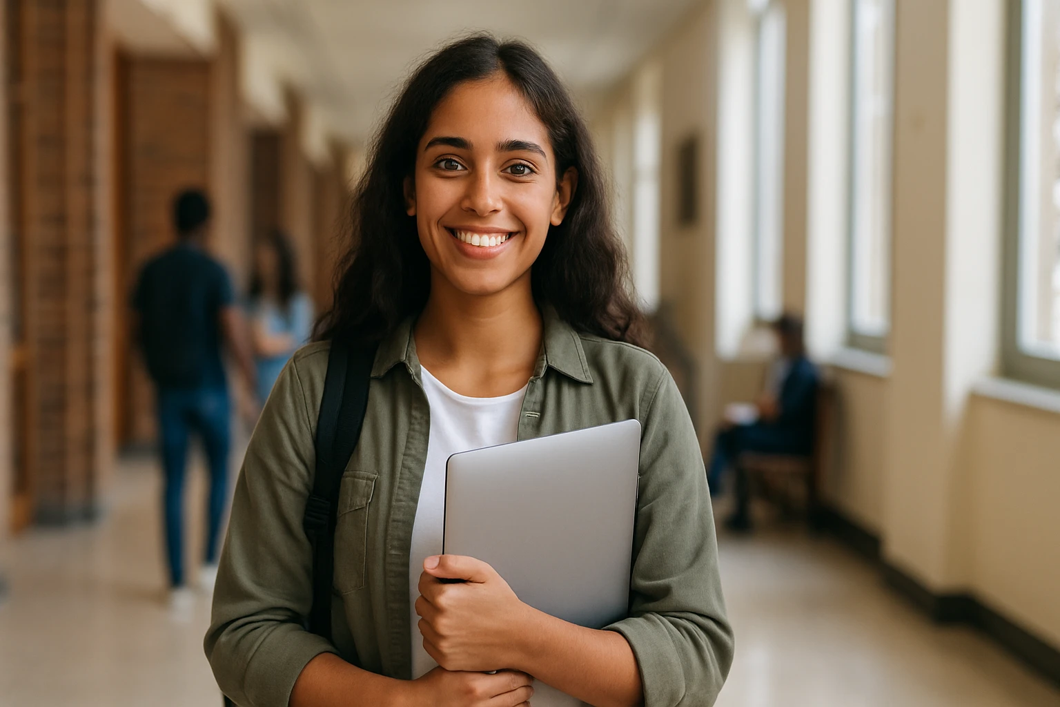 Estudante universitária sorridente segurando um notebook no corredor da faculdade