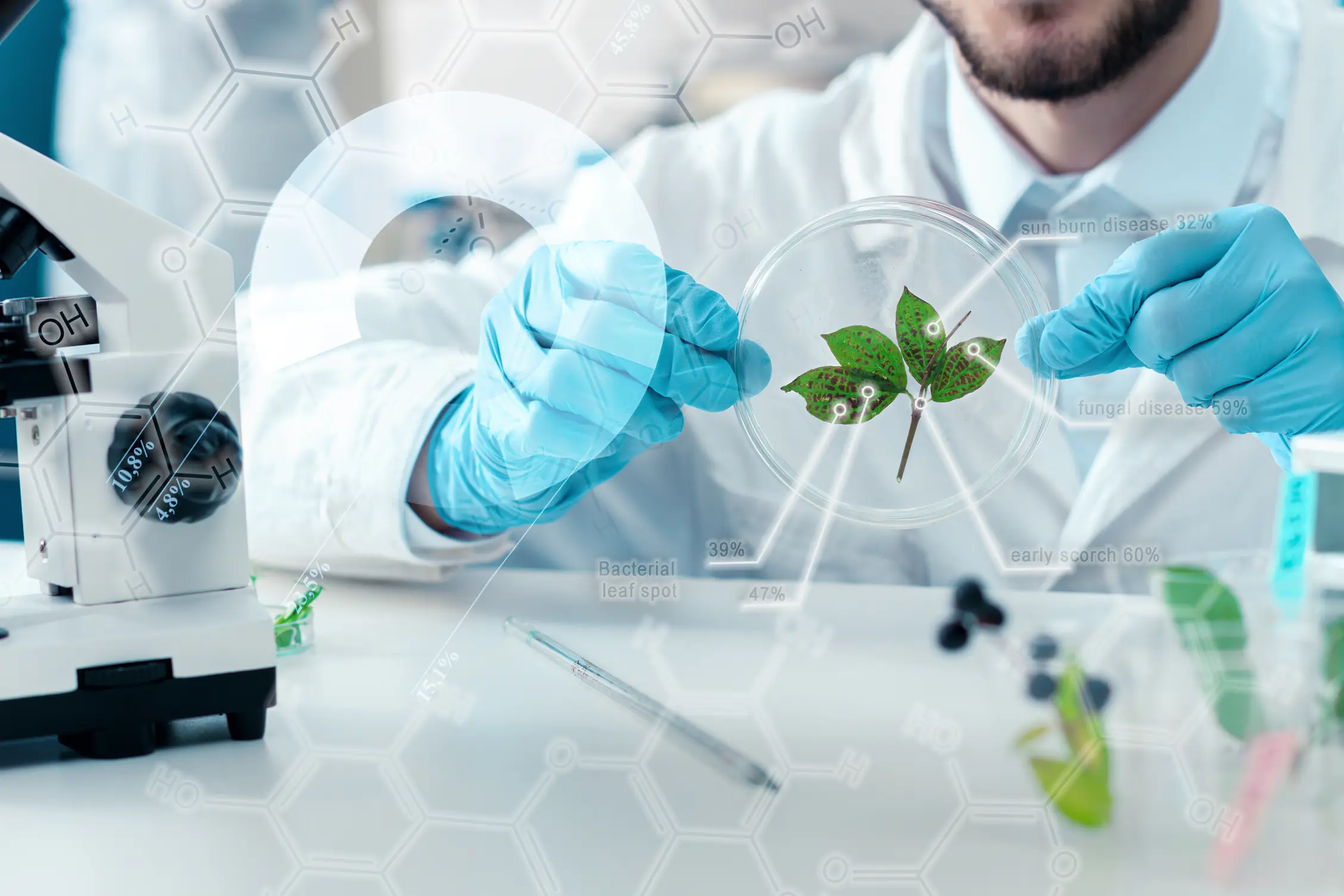 mãos com luvas azuis mexendo em laboratório 