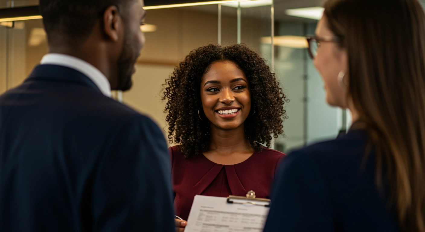 Mulher negra sorridente conversando com colegas de trabalho em um escritório