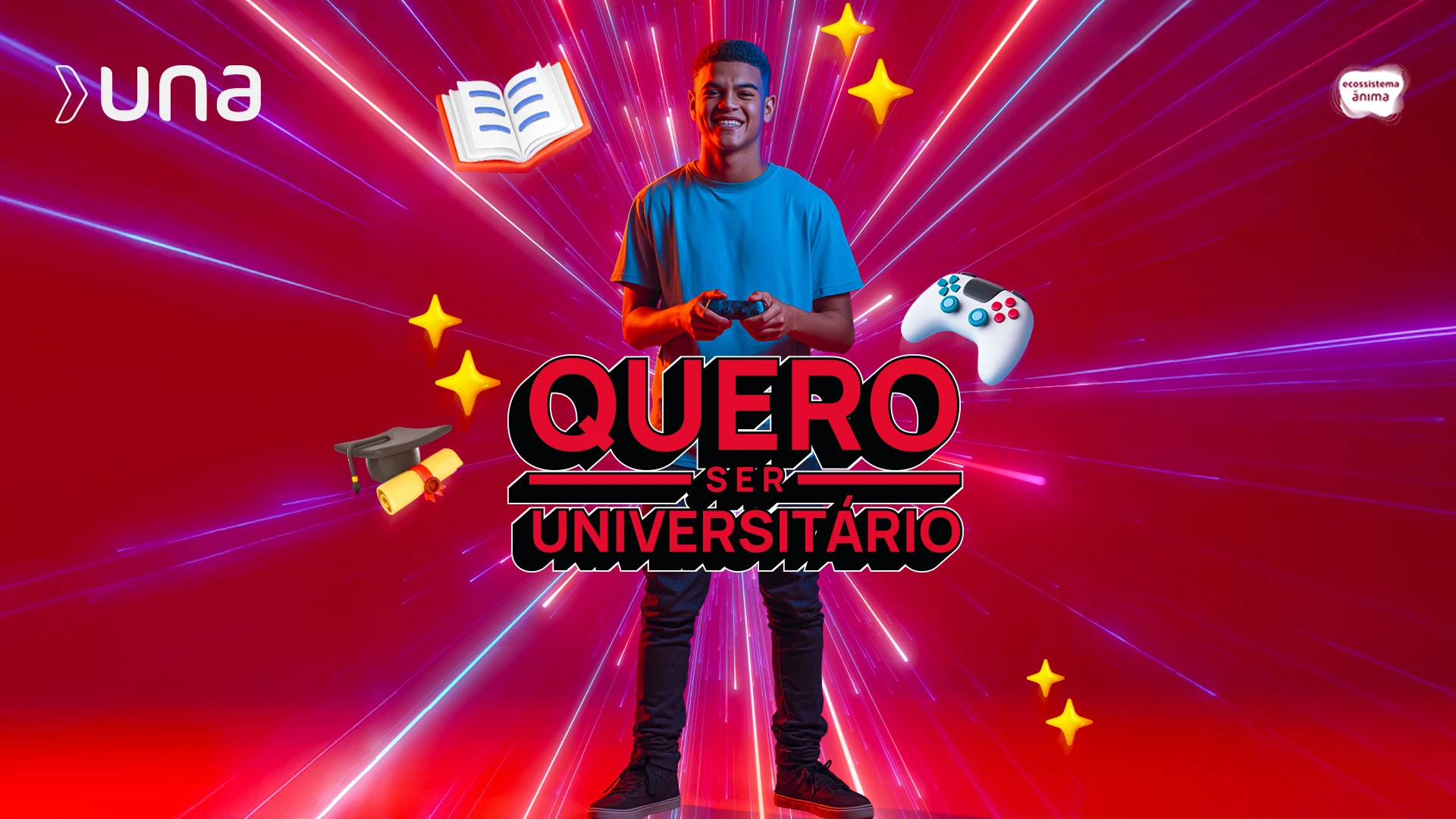 Jovem sorridente com controle de videogame nas mãos, ao centro da arte “Quero Ser Universitário” da Una.