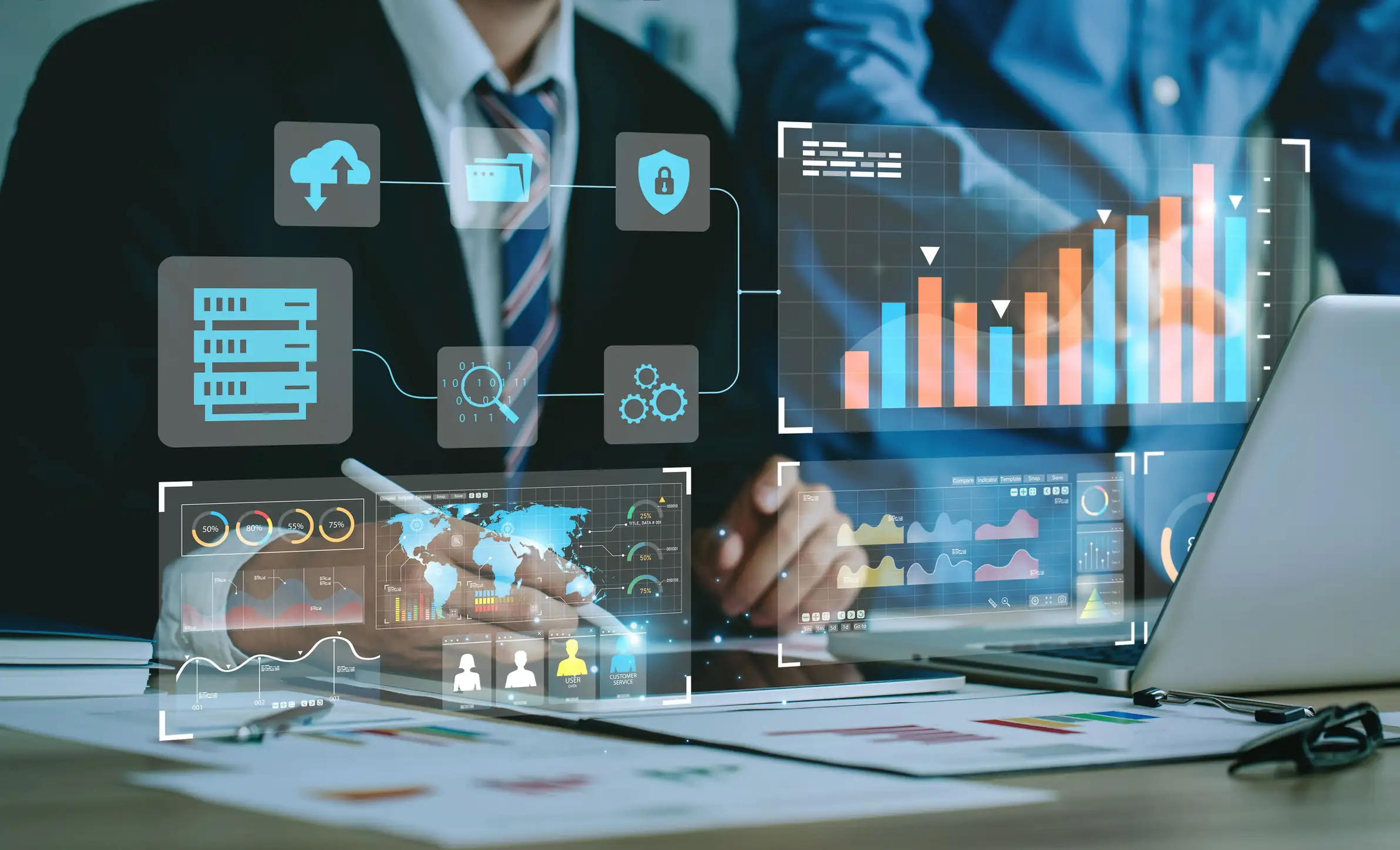 Análise de dados corporativos e gestão de tecnologia digital com dashboards modernos para tomada de decisão estratégica