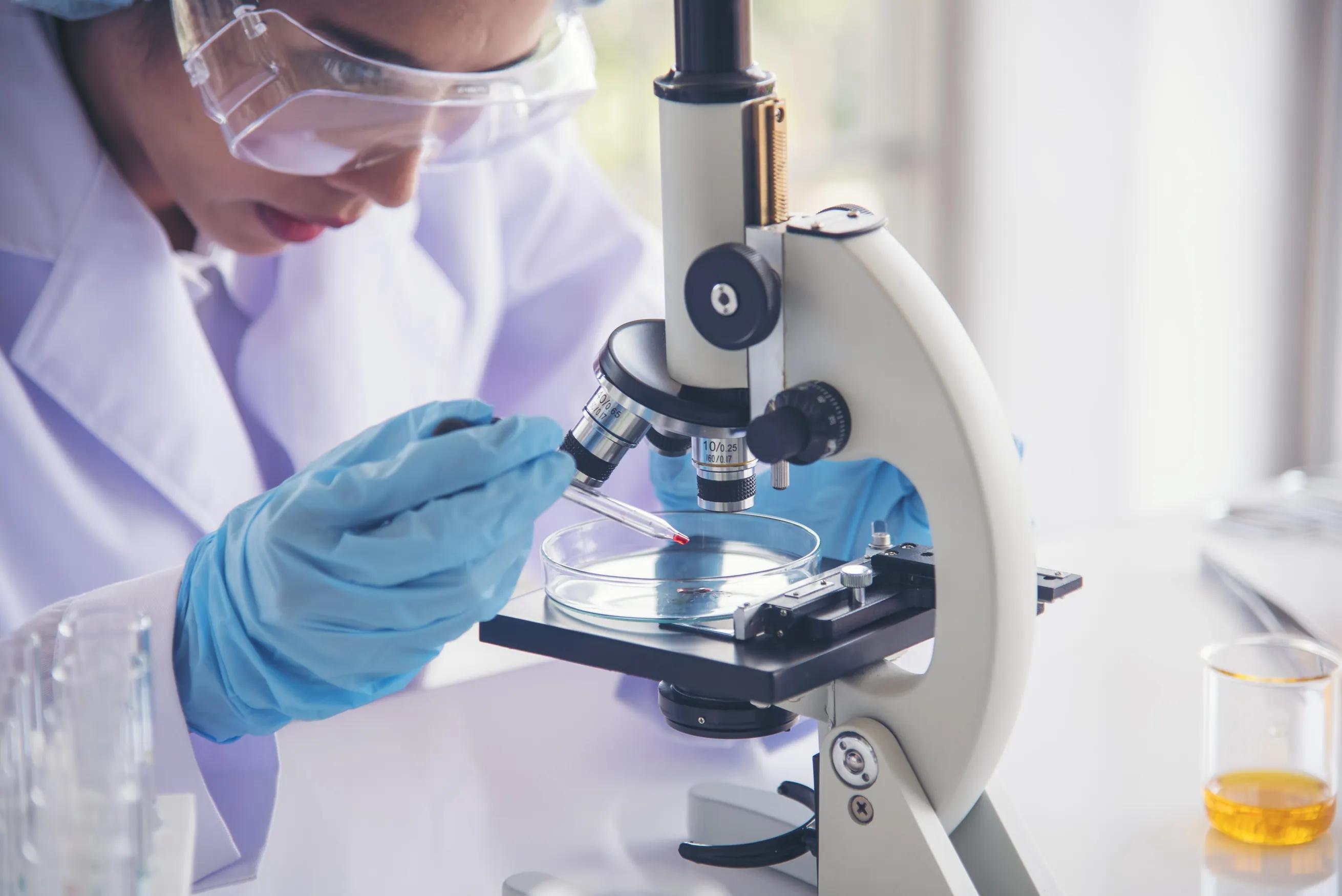 Cientista utilizando microscópio e conta-gotas em laboratório de análises clínicas