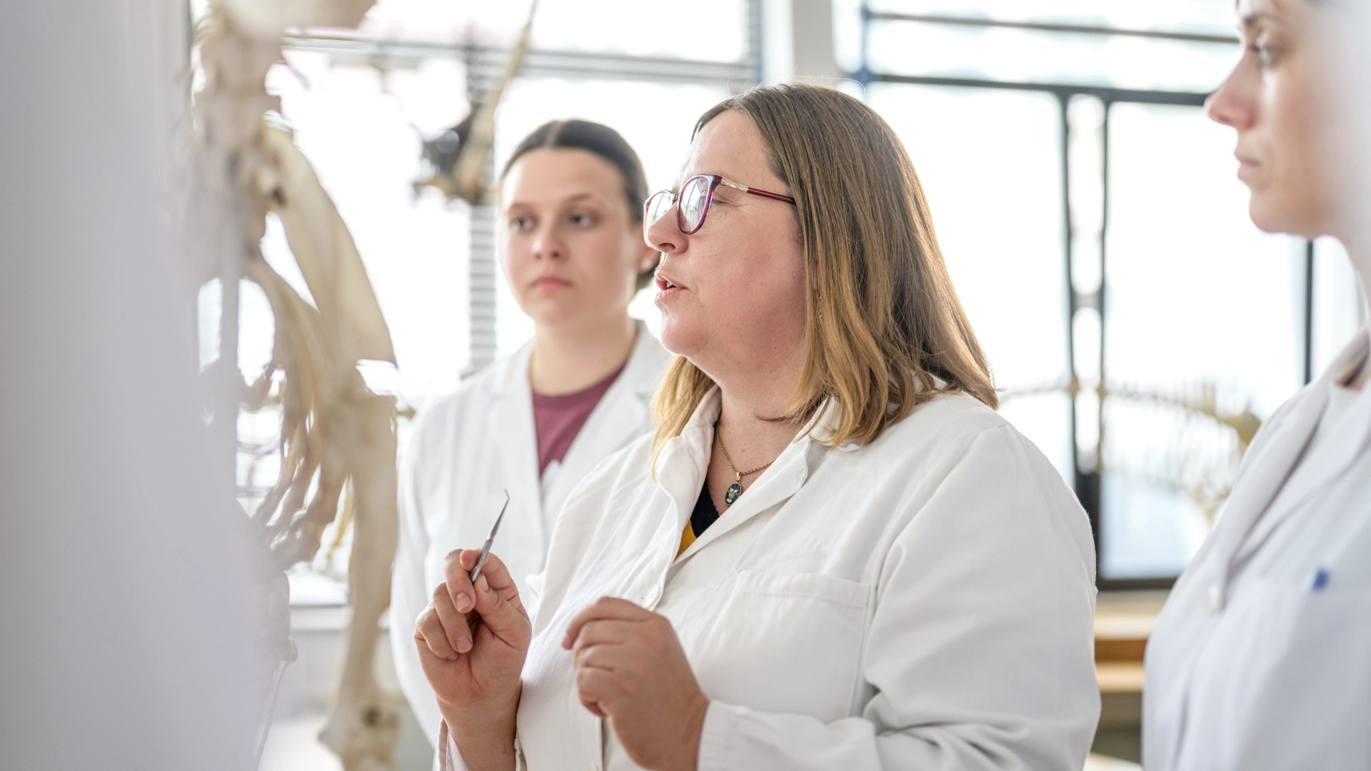 Aula prática de anatomia com professora orientando estudantes em laboratório universitário com esqueleto humano