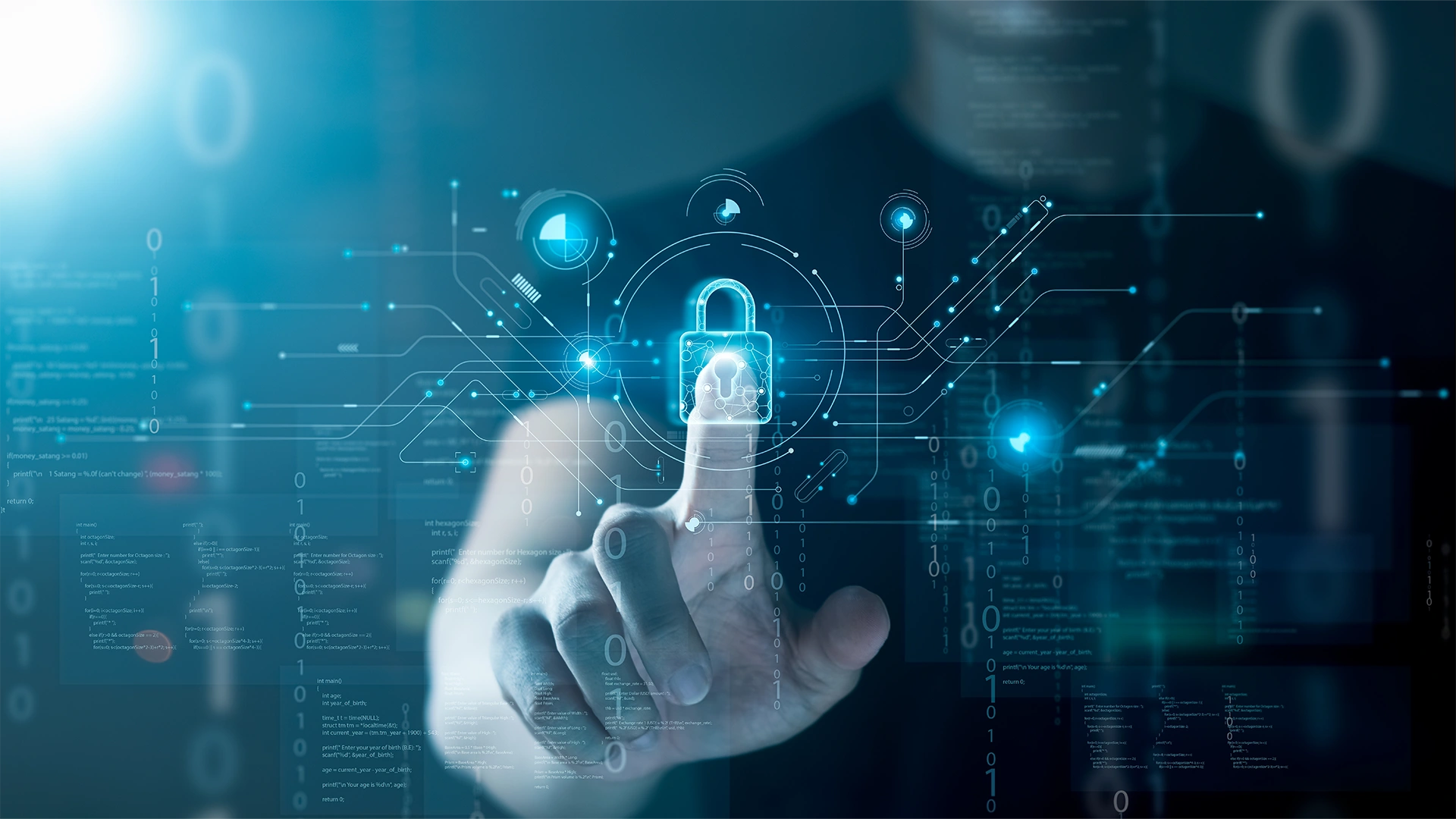 Pessoa interagindo com interface digital de segurança cibernética e proteção de dados