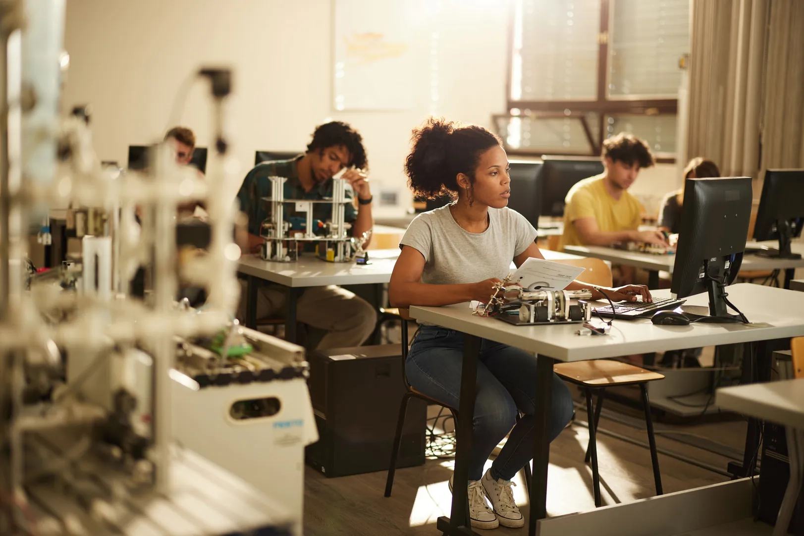 Estudantes universitários trabalhando em projetos de engenharia em laboratório de informática