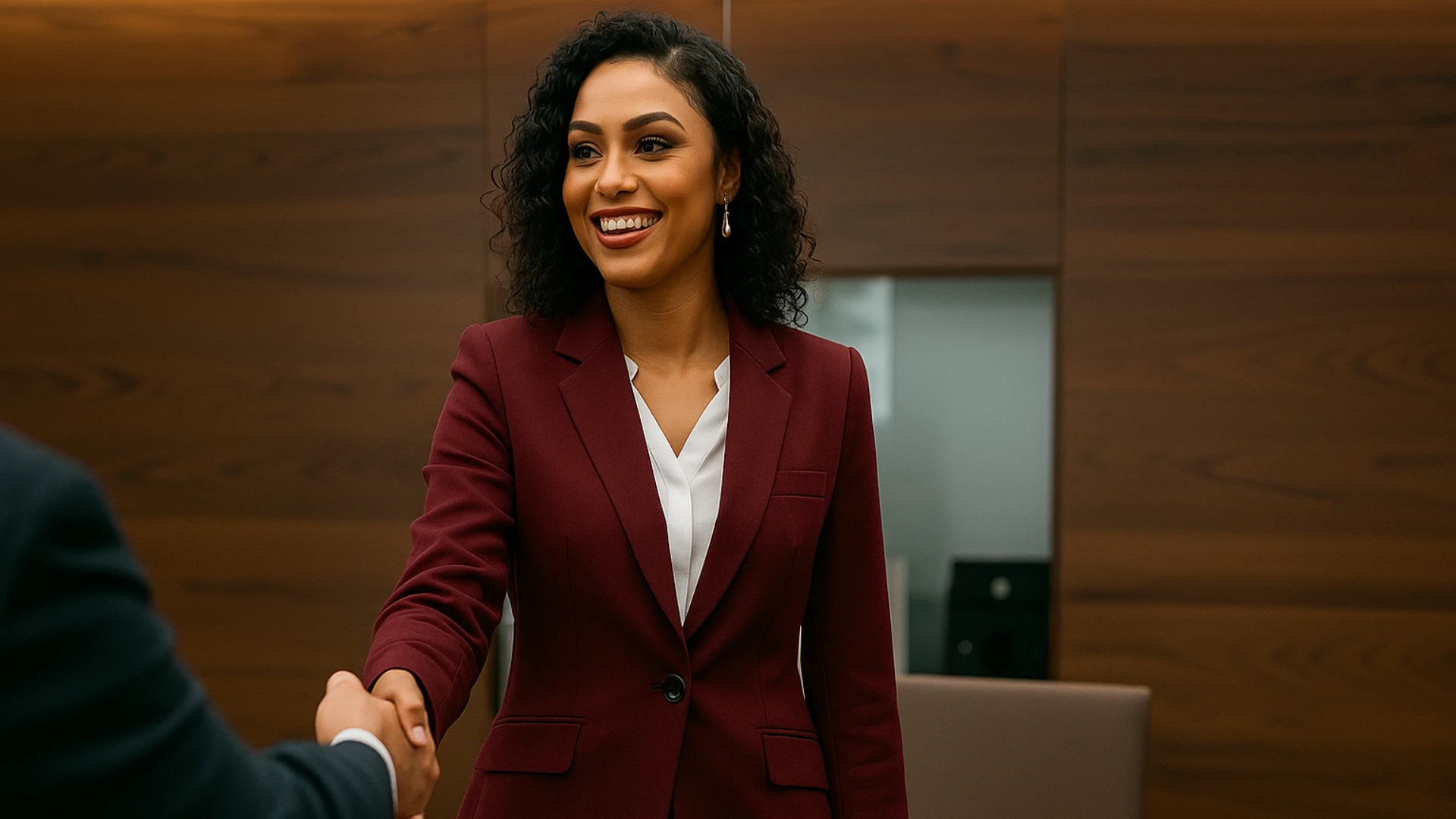 Mulher de negócios sorridente em um aperto de mão profissional no escritório