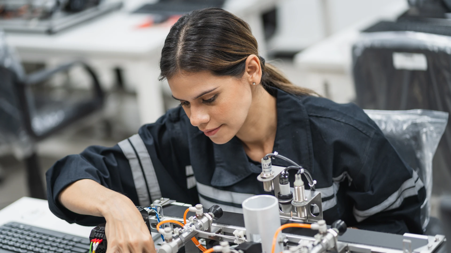 Estudante de engenharia operando equipamento de automação industrial em laboratório