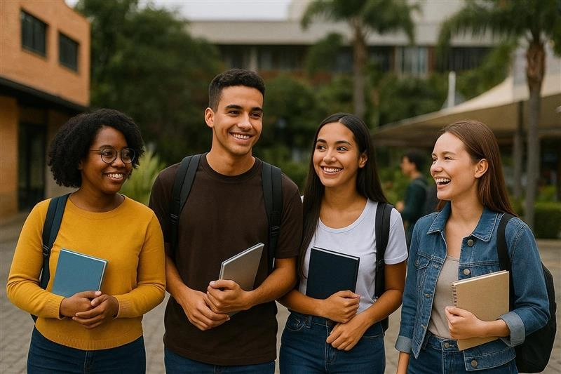 Grupo de estudantes universitários diversos sorrindo e segurando cadernos no campus