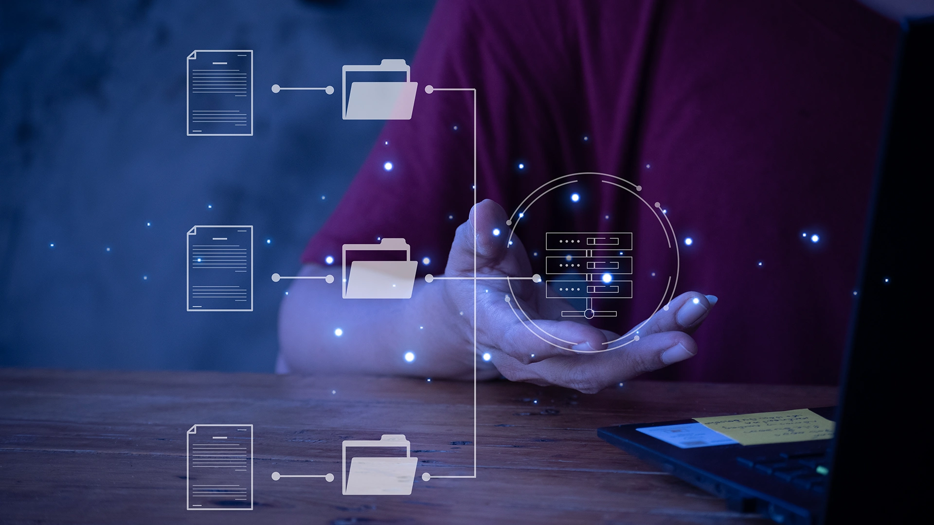 Interface digital mostrando gerenciamento de arquivos e armazenamento de dados em nuvem