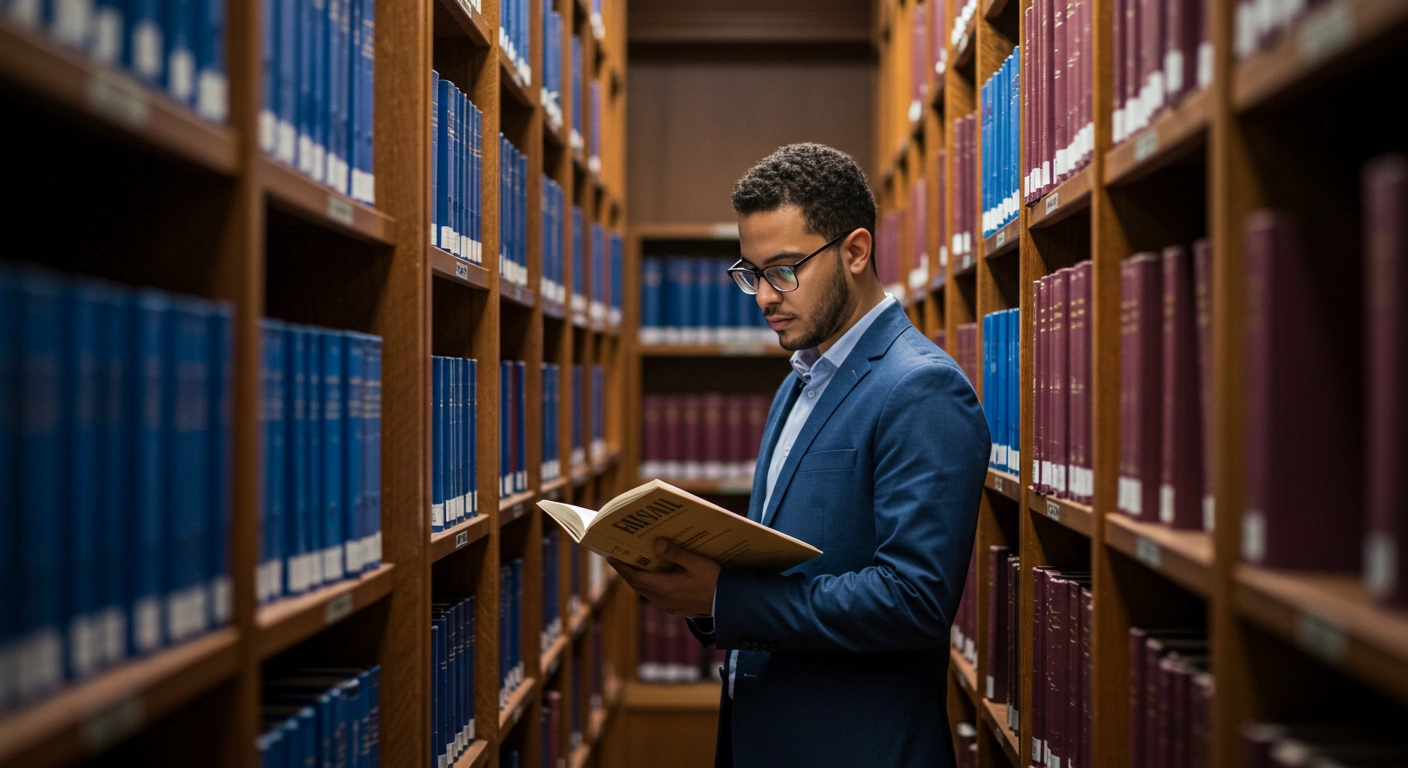 Estudante de terno lendo livro em uma biblioteca universitária com estantes repletas de livros