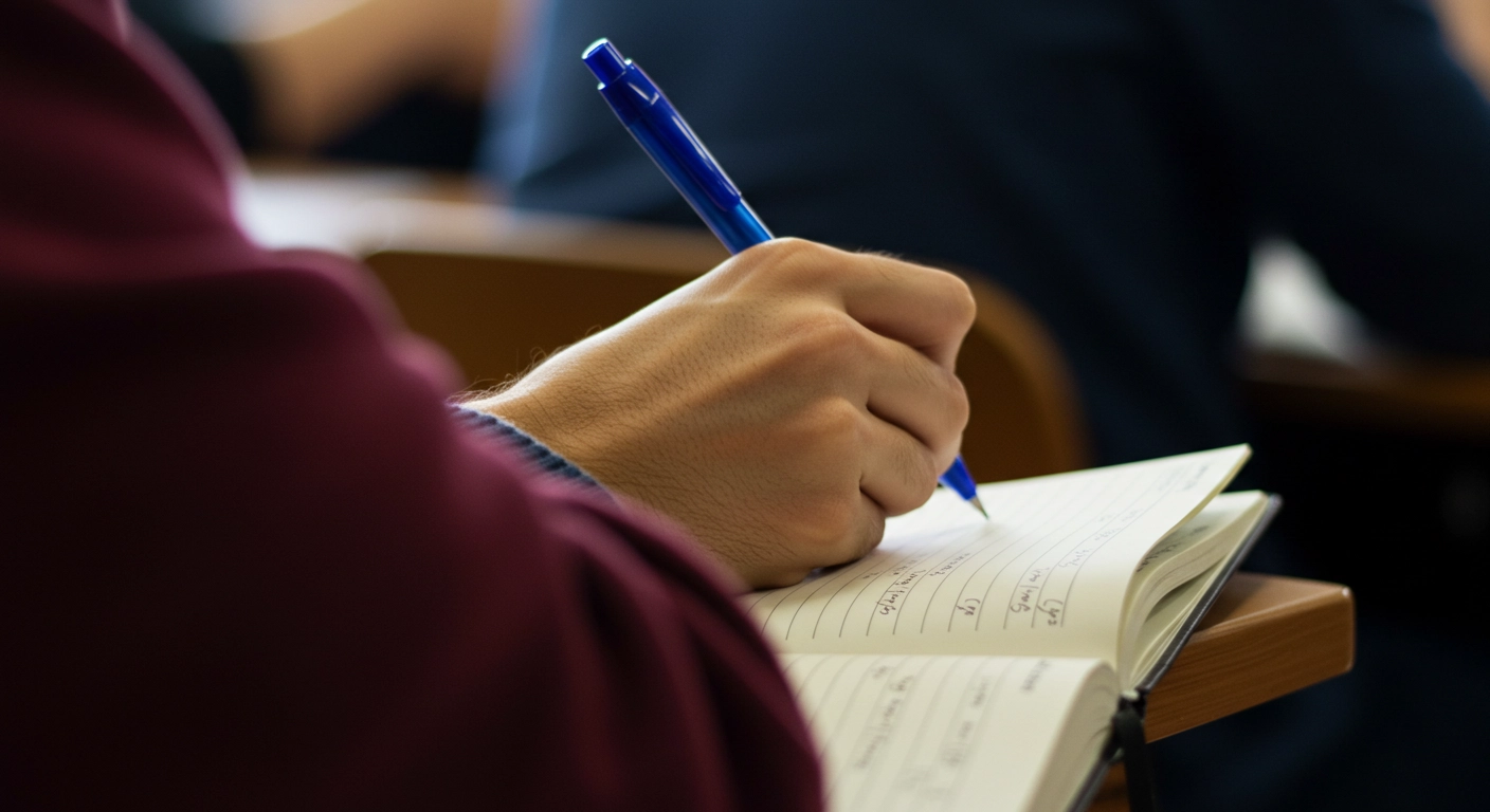 Estudante escrevendo em um caderno durante uma aula em sala de aula