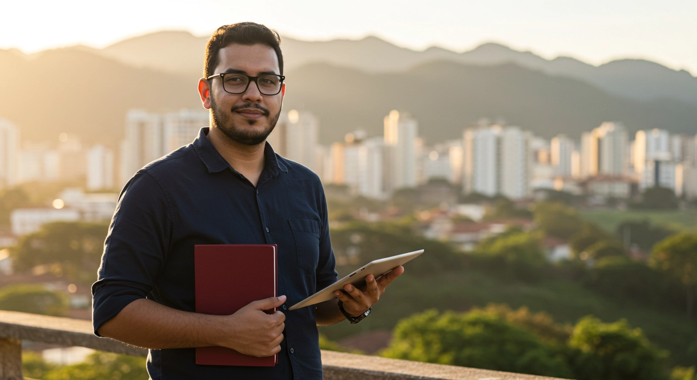Jovem estudante universitário segurando um tablet e um caderno com uma cidade ao fundo durante o pôr do sol