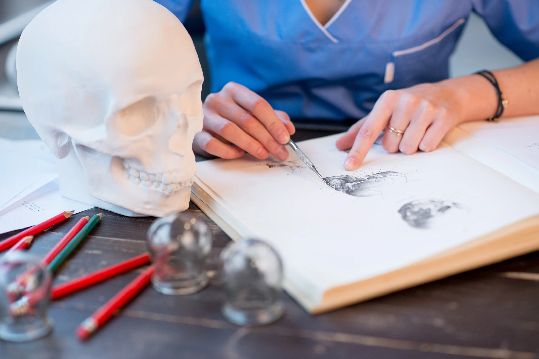 Estudante de odontologia estudando anatomia óssea com crânio artificial e livro técnico